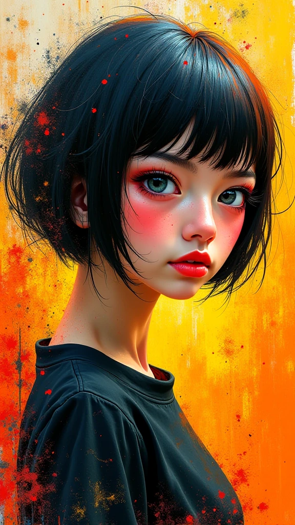 samdoesarts; full shot of a woman wearing a hoodie standing, cargo pants, city street, raining , colourful makeup, long colorful hair with bangs, tattoos, urban by Jeremy Mann, matth�us merian the elder, Pino Daeni, robert rauschenber, by beksinski