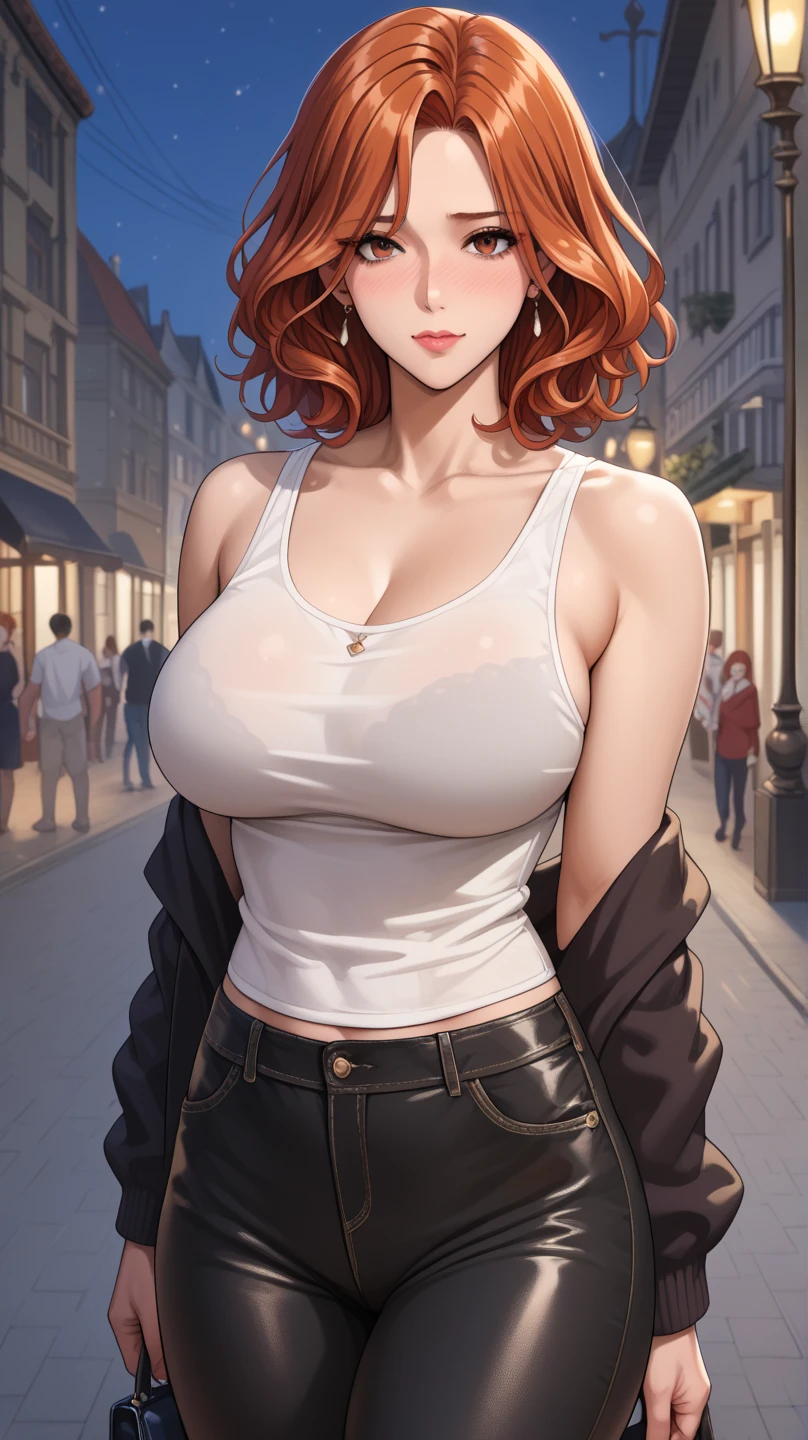 Beautiful woman,Have a perfect body:1.4,Prominent cleavage,Layered Hairstyle,Highly detailed face and skin texture,Double eyelids,Skin Whitening,Curtain Bangs,Whitening long legs,Red Hair,hips up, night, white shirt, black jean, นั่งไขว่ห้าง, street, cafe