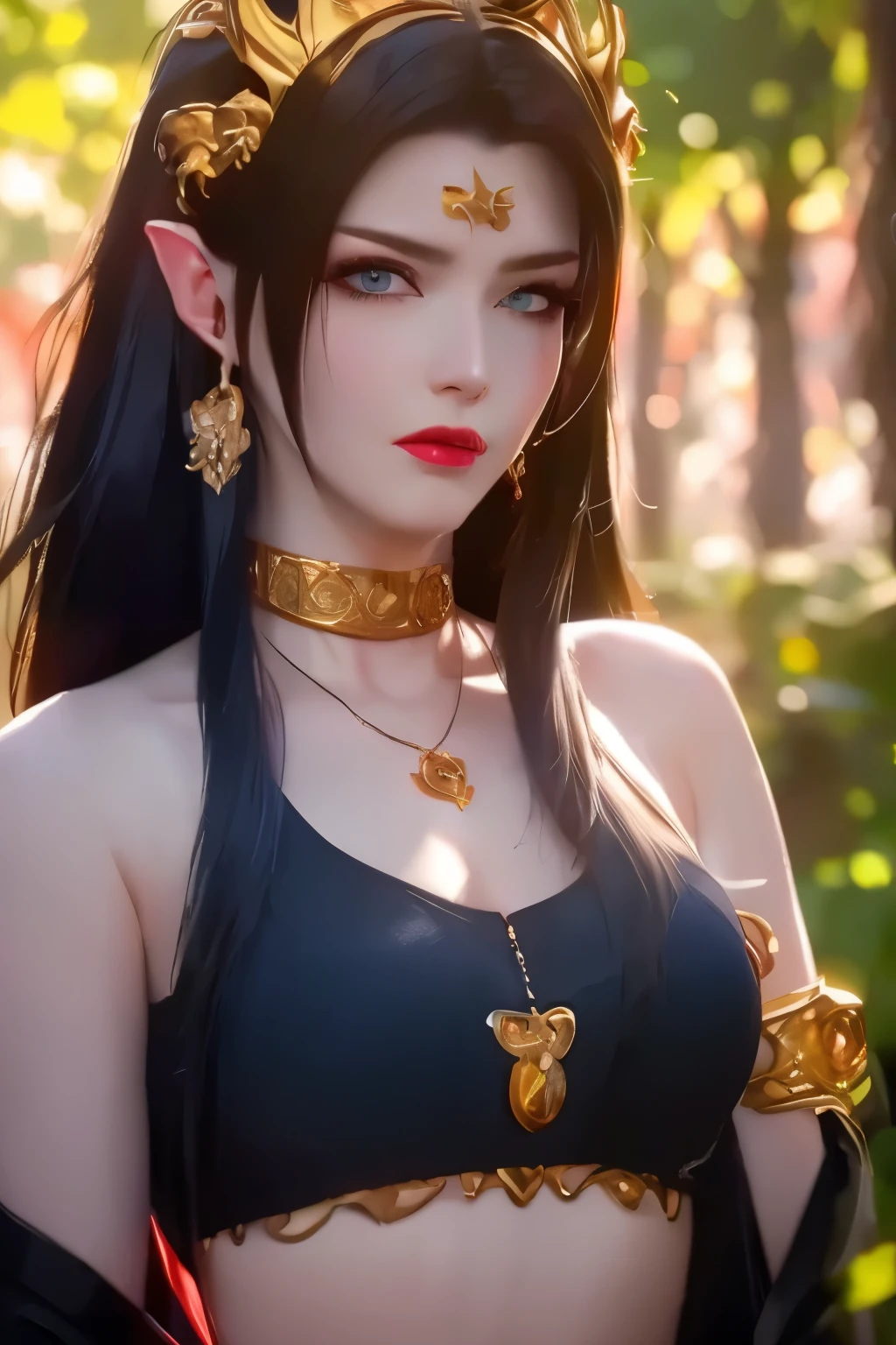 One 20 year old girl, breast 1.1, navel,upper body,bare shoulders,wears red tube top,red skirt, blue gems,shiny skin,hand in own hair,(mature female),milf, beautiful cai lin, deep blue eyes, jet black long hair, face symmetry 8k resolution high quality. background: around the garden surrounded by Sakura trees with fluttering sakura petals,
Image from head to thighs, hourglass figure, bare round shoulders, exposed midriff, a tilak on her forehead,ornamental logo on her forehead, snake crown, necklace, earings with blue gem, long black hair bangs, pointy ears,golden bracelet,Bright lightening under the sun through sakura canopy. High quality 16k resolution,( HDR :1.5), cinematic look, ultra-detailed,ultra lightening, (photorealistic :1.2), long thin straight eyelashes, dense black eyelashes,sharp eyes, diamond shaped head, straight nose, closed heart shaped lips, front view pose looking at viewer, sexy,