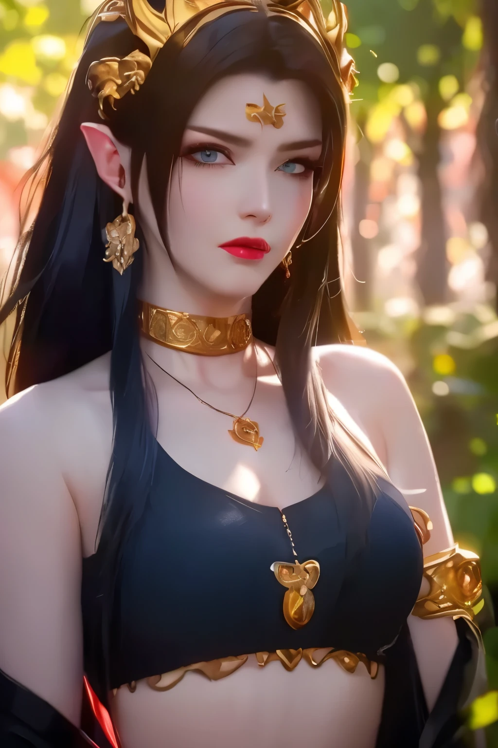One 20 year old girl, breast 1.1, navel,upper body,bare shoulders,wears red tube top,red skirt, blue gems,shiny skin,hand in own hair,(mature female),milf, beautiful cai lin, deep blue eyes, jet black long hair, face symmetry 8k resolution high quality.                                                              background: around the garden surrounded by Sakura trees with fluttering sakura petals,         
Image from head to thighs, hourglass figure, bare round shoulders, exposed midriff, a tilak on her forehead,ornamental logo on her forehead, snake crown, necklace, earings with blue gem, long black hair bangs, pointy ears,golden bracelet,Bright lightening under the sun through sakura canopy. High quality 16k resolution,( HDR :1.5), cinematic look, ultra-detailed,ultra lightening, (photorealistic :1.2), long thin straight eyelashes, dense black eyelashes,sharp eyes, diamond shaped head, straight nose, closed heart shaped lips, front view pose looking at viewer, sexy, 