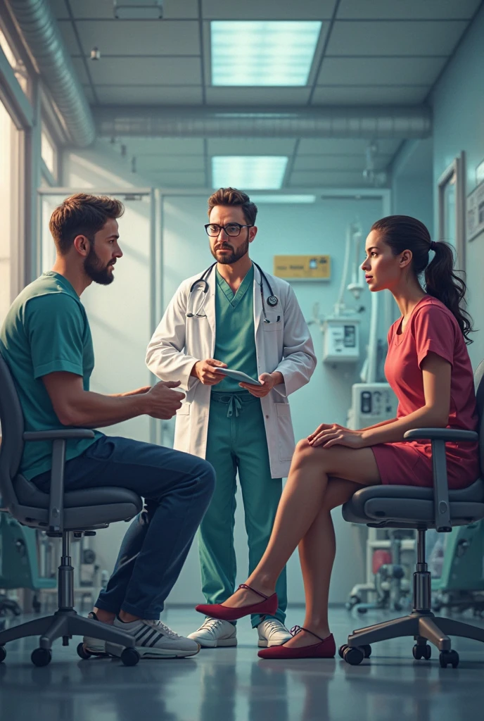 Make a picture of a sexy MALE doctor with curls and beard (Afro style but not so voluminous) serving several sexy female patients in his office, side perspective