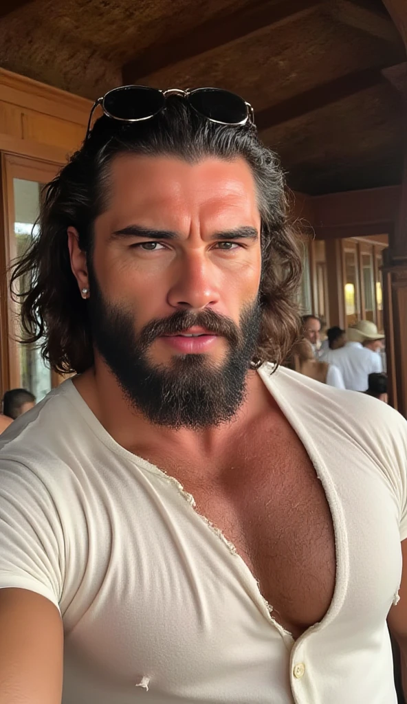 Hiperrealismo, hiperdetallado, Colores naturales, Luz tenue, 40-year-old man, musculoso, alto, cuerpo peludo, pecho peludo, virilidad, Tenemos un yate, summer day, actor porno gay, muy sexual y guapo, calvo con barba negra, desnudo, Sensual, pene grande