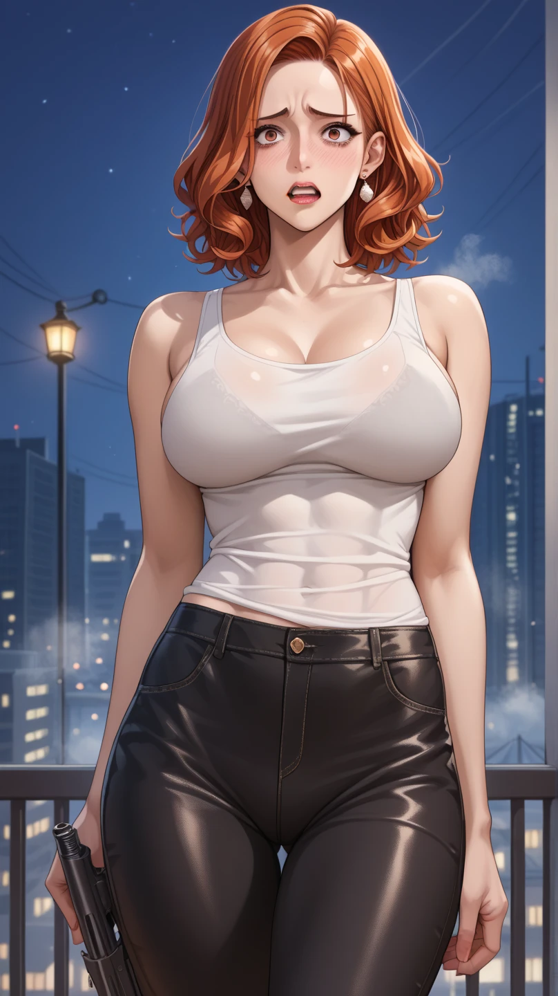masterpiece, Highest quality, Very detailed, Sparkling, Shining Light, Ray Tracing, High resolutionR, Depth of written boundary, (Perfect Face, Detailed face, Detailed eyes), 8k,High resolution,Ultra-realistic faces, Ray Tracing, Perfect lighting, Highest quality, Very detailed, High resolution, alone, One girl, whole body, The description of Girl App, Hands on the details, Finger details, Detailed aspect, Cute Face, Leg Details, Art with attention to detail, The finer details, Huge breasts, Huge Ass, vapor, Sweat, Redhead, Bobcut, Wavy Hair, puppet, Red eyes, Kirby, dance hall, neon, Golden tube top, Underbust, Microdenim, smile, Dancer, Mature Woman