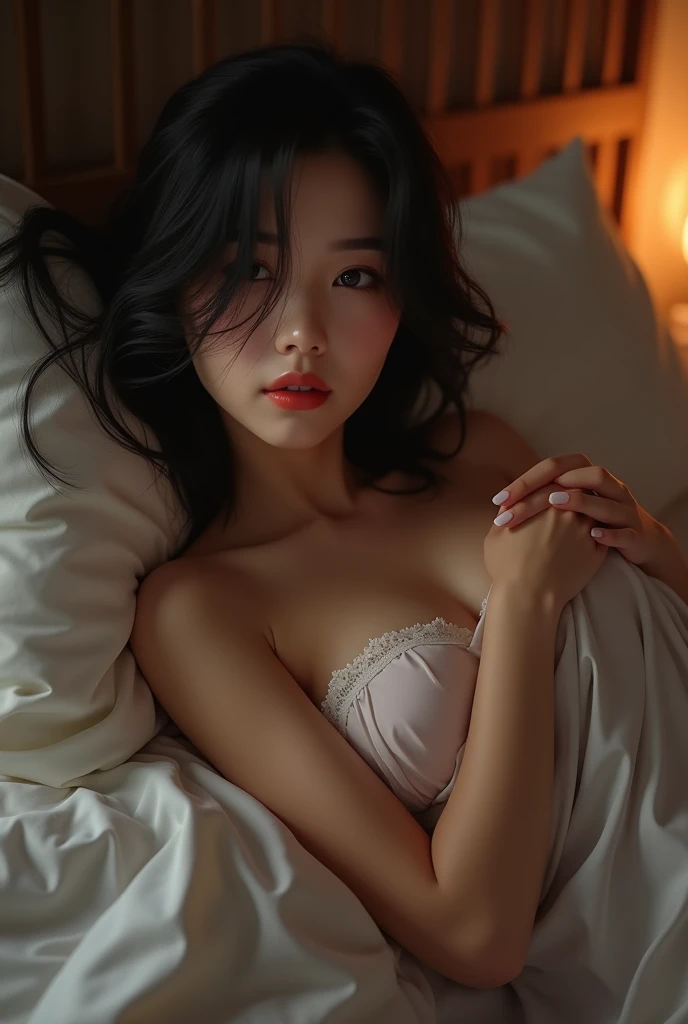 Asian woman pleasuring herself on a bed