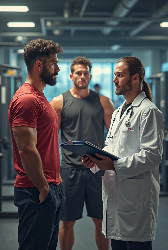 A fitted gym worker doctor consulting a beginner fatty and so skinny peoples with working material 