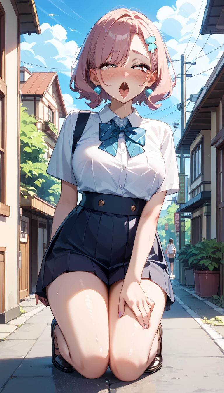 long hair, single braid, shigure, ahoge, brown hair, blue eyes, braid, hair ornament, hair over shoulder, long hair, single braid, hair flaps, black gloves, black serafuku, black shirt, black skirt, fingerless gloves, gloves, neckerchief, pleated skirt, red neckerchief, sailor collar, , serafuku, shirt, skirt, white sailor collar, skirt lift, panties pull, lift skirt , no panties, Naughty anime style、Beautiful Anime Girls、From below、Embarrassing、 15 years old、(masterpiece, best quality:1.2), illustration, 8k, hd, 1girl, solo)