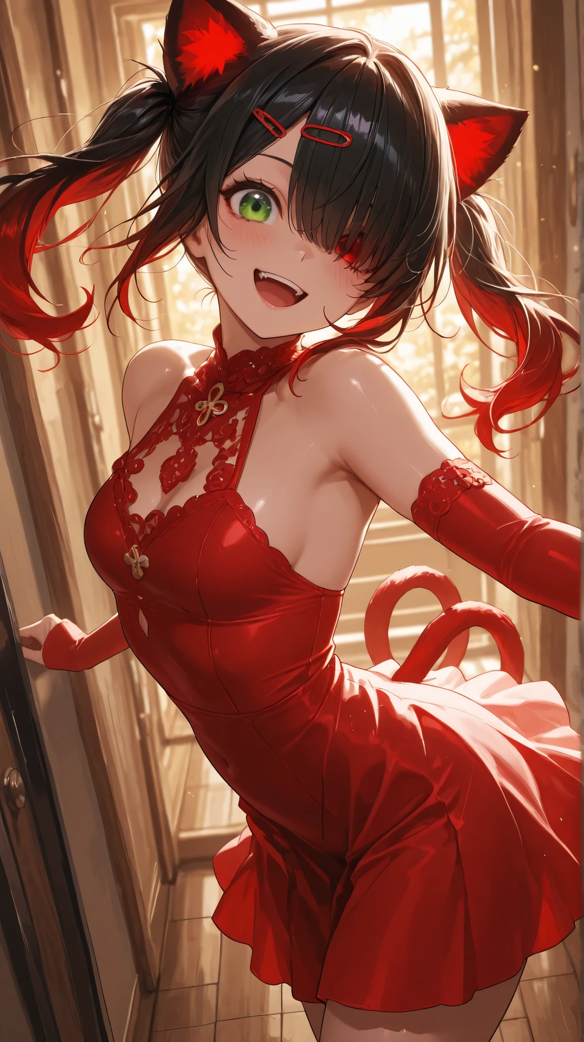 (((solo)))looking at viewer, dynamic action dance, very cute face, cute girl, long,twin tail hair, ((black hair color,red inner color)), bangs over one eye, Green Eyes,The cross shines in her eyes.,big eyes,Yamikawa subculture outfit,Beautiful Skin, hairpins,open_mouth expressive, smile, Beauty, perfect smooth skin,cute room, masterpiece, top quality, is embarrassing,Warm colors, High Fashion, Rub the extremely absurd , Brilliant Color, High Resolution, intricate details