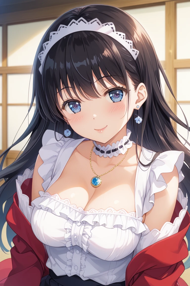 (High quality, High resolution, Fine details), Aristocratic Residence, BREAK Golden Topaz Ornaments, BREAK Sumptuous white dresses, solo, curvy adult women, BREAK black hair, sparkling eyes, (Detailed eyes:1.2), smile, blush, Sweat, Oily skin, Soft tones, shallow depth of field