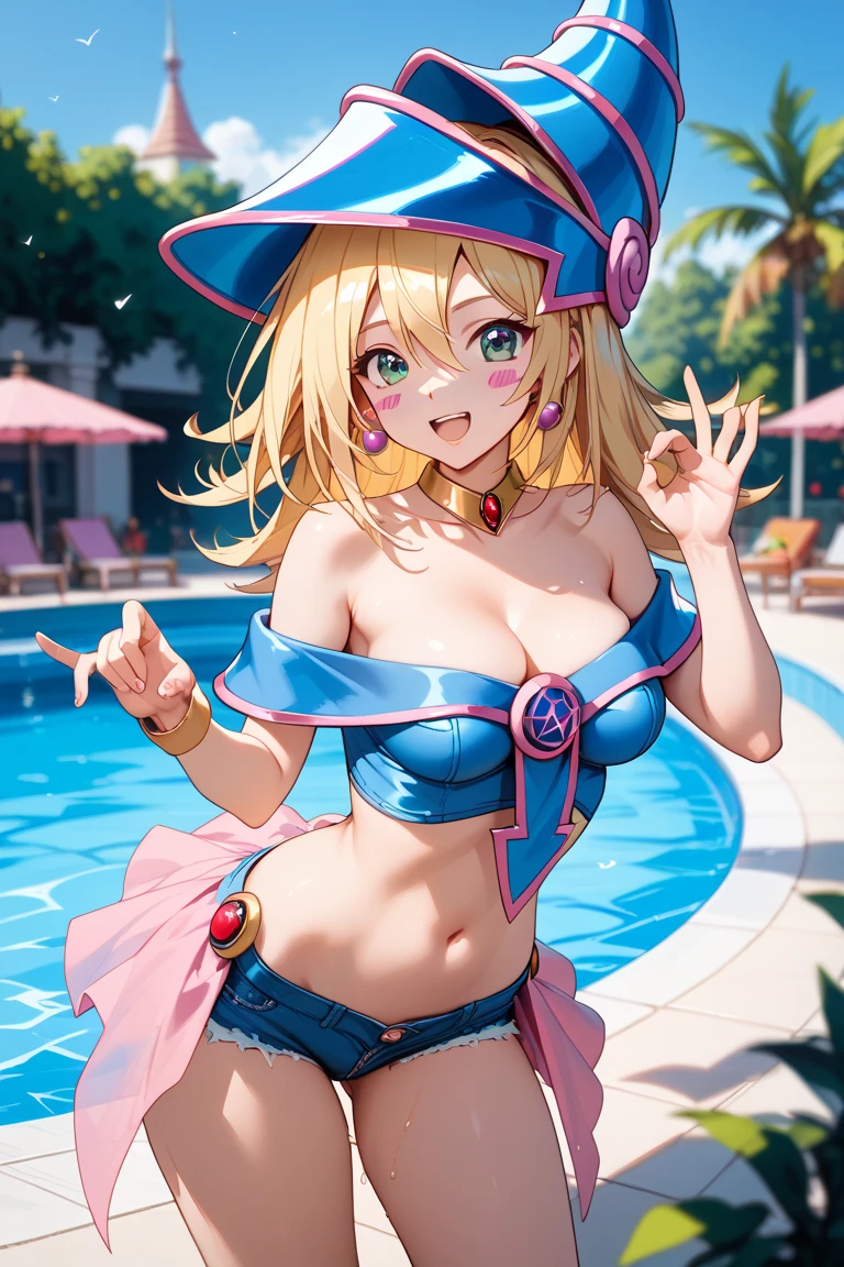((big breasts)), 1girl, solo, looking at viewer, smile, short hair, blonde hair, navel, holding, jewelry, standing, swimsuit, full body, flower, bikini, hairband, outdoors, sky, shoes, day, striped, nail polish, bracelet, see-through, ocean, beach, sneakers, blue bikini, striped bikini, sand, water gun, holding water gun , (masterpiece,best quality:1.5)