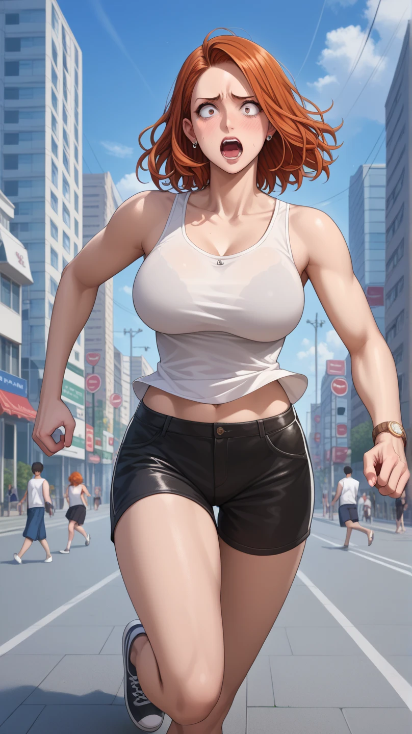 oulan woman, vibrant details, masterpiece, illustration, absurdres, wearing jeans and a tanktop, riding a bicycle down the street, mid-shot, art by Edward Lear and Masaaki Sasamoto <lora:oulan-000009:0.7>