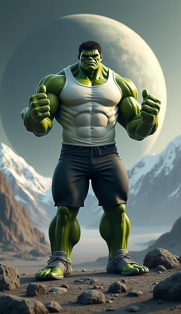 Hulk from marvel,view from side, stand pose, side body profile, Photo taken during the day in the desert, lots of sunshine and intense sunlight, dry skin, muscular muscles, blood vessels exploding, muscles clearly visible behind the skin, fat percentage 0%