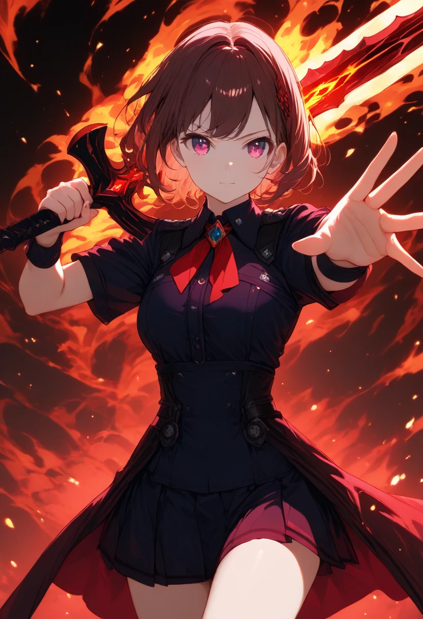 absurdres, 8k, 4k, masterpiece, hyper extreme detailed:1.2), solo, 1girl, front view, perfect face, 1girl, portrait, expressive eyes, looking at viewer, solo, green eyes, standing, mature female, , pale, long black hair, groan, casual wear, , looking forward, front view, black horns, confident, cautious, rational, messy hair, wind, windy, moving hair, moving clothes, swept bangs, front view, unyielding, mature body, tomboy, dragon tail, , black nails, wild hair, velvet crowe, scars, fatigue, Black Demonic Horns, Dragon Horns, Dragon Tail, fire, long skirt, hands in pockets, white shirt black letters, exposed shoulder, shoulder strap, suspenders, velvet crowe, velvet-outfit, red hair gradients, village background, fiery, flames, burning, bound, bondage, (arms behind back:1.4), bdsm, tape gag, tape, tape bondage, close-up, restrained, best anatomy, half body, taped thighs, taped legs, legs together, tape wrapped, wrap gag,