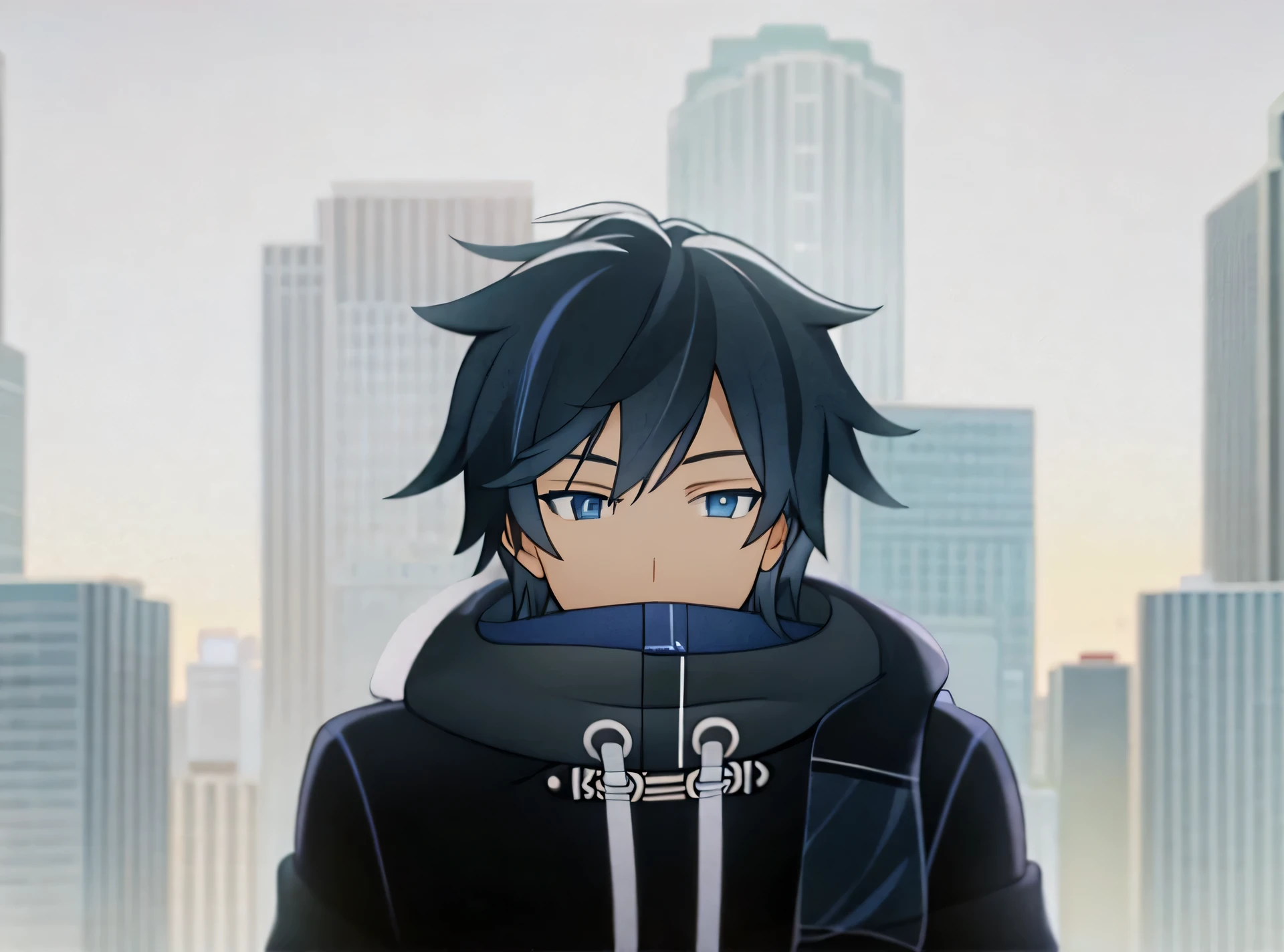 anime boy with blue eyes and black jacket standing in front of a city, roblox avatar, trigger anime artstyle, anime styled 3d, anime stylized, profile picture 1024px, as an anime character, epic anime style, vrchat, inspired by Okumura Masanobu, anime style. 8k, stylized anime, anime styled,HD, (Masterpiece), Best Quality, High Resolution, Smile, ((Young Man)), Extremely Detailed Wallpaper, Perfect Lighting, (Extremely Detailed CG), Wallpaper, Colorful, Picture Book, Game CG,