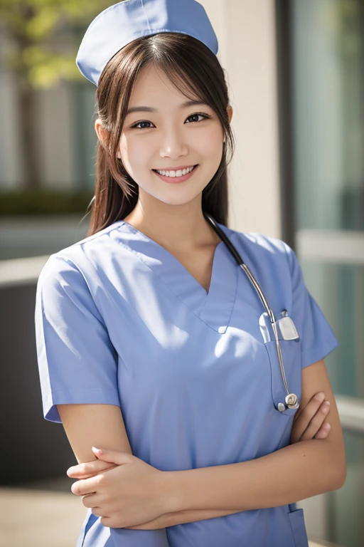 NSFW,highest quality,excellent details,ultra high resolution,1 girl, 17 years old,perfect smile,teeth,Big eyes,Draw faces in detail,bob hair,looking at camera, actress,blue medical uniform,Stethoscope,hospital hallway,waist