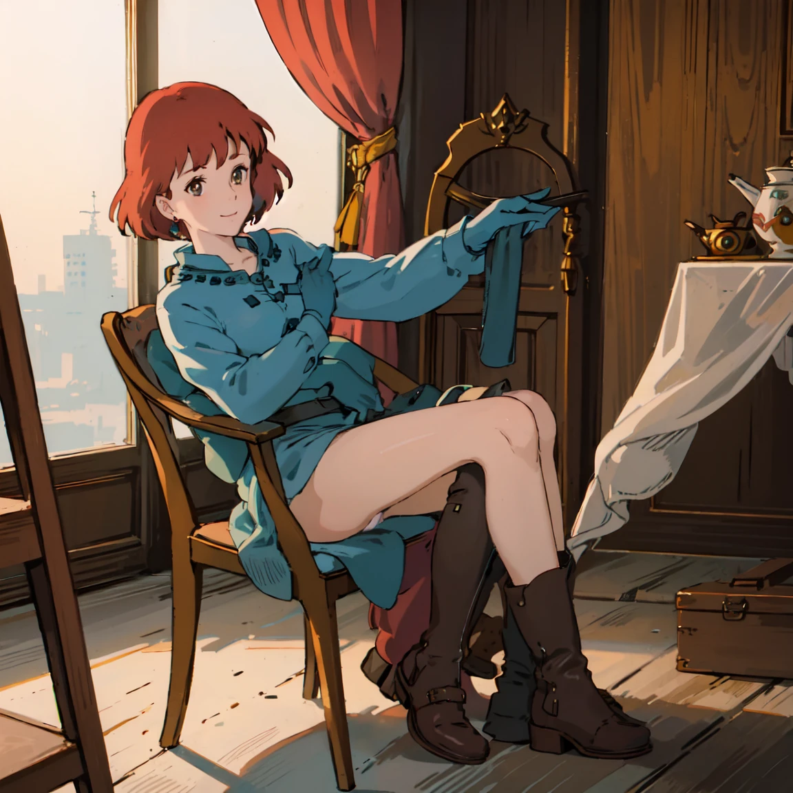 masutepiece, High quality, 1girl in,, (masutepiece:1.4), (best qualit:1.4), (High resolution:1.4), 1girl in, redhair, Brown eyes, Smile, Nausicaa, Sit on a chair, , High Boot, Colorful, Full body, Ghibli style, SFW,