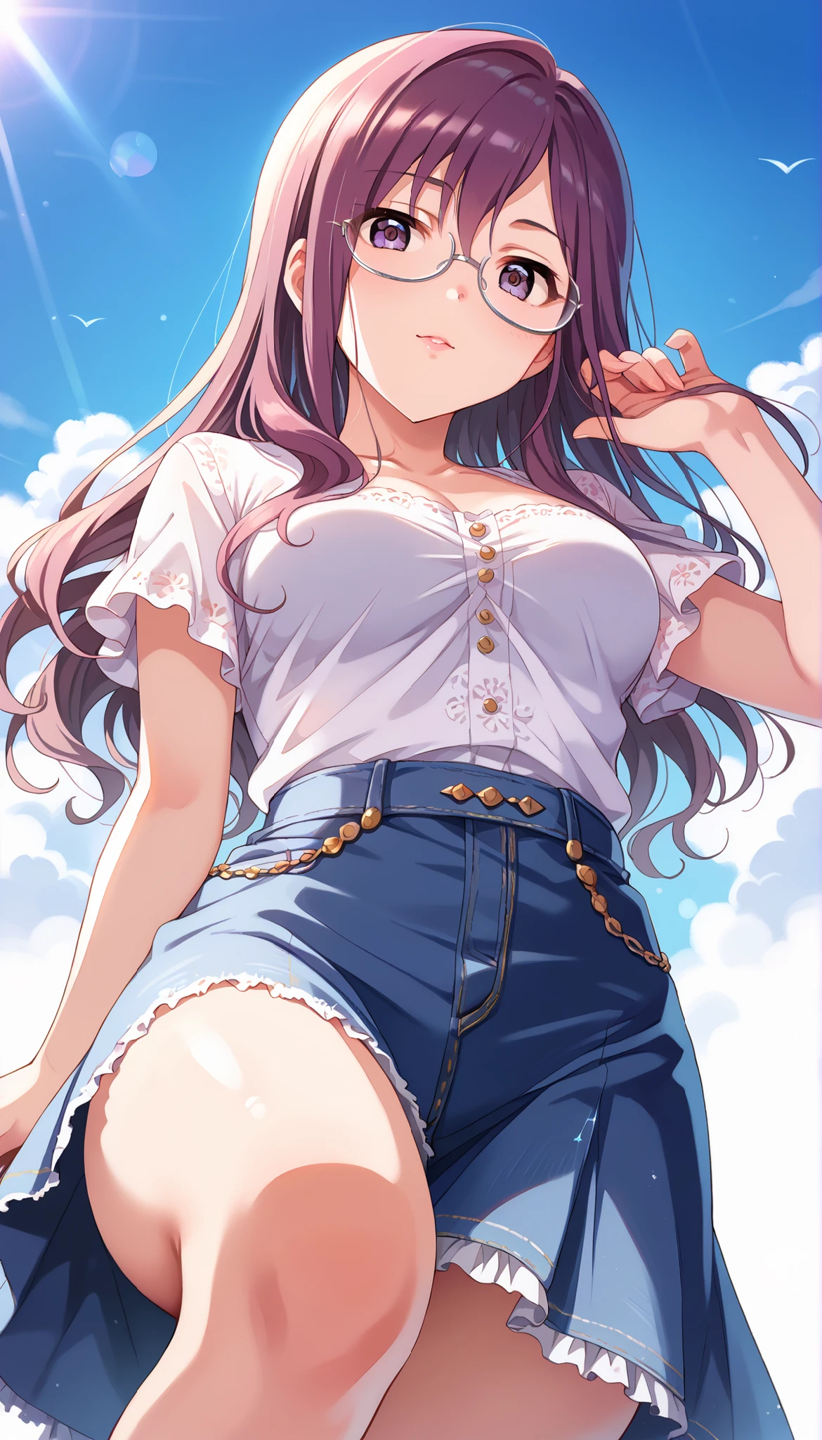 (((Yagami Makino))),light purple short sleeve blouse,denim below-the-knee skirt,Bare Chest,(((medium breasts))),(slightly long hair),((low angle)),purple hair,Ulchan-6500-v1.1, ( RAW photos :1.2), beautiful detailed, very detailedな目,beautiful eyes, beautiful eyes,file size is large, high resolution, very detailed, of the best quality, [masterpiece:1.6], Awareness-raising, very detailed, CG, finely, of the best quality, 8K wallpaper, perfect body shape,very detailed,glasses,smiles