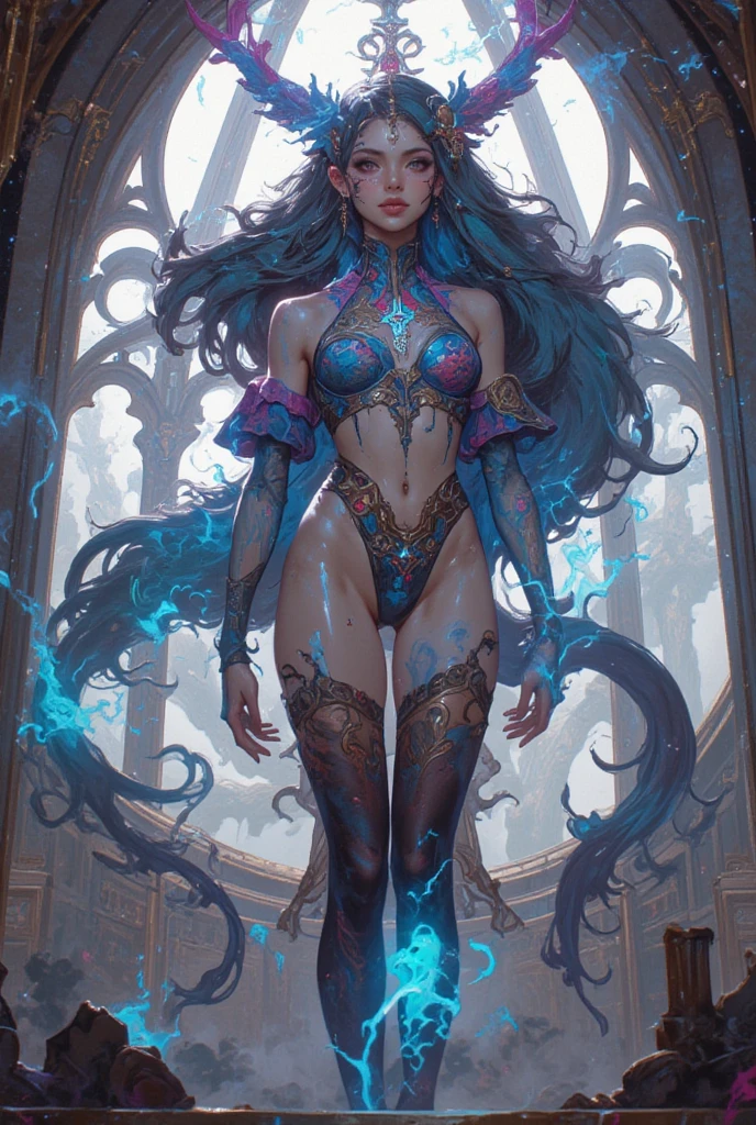 high resolution, ultradetailed, 1 girl, (very short dark blue hair with black tint:1.2), (green tight floral suit:1.1), (library ruins background:1.2 ), sunny day, ray of lights, 16k, unreal engine, UHD, photorealistic, (skin texture:1.2), (detailed face features:1.2), correct proportions, (beautiful yellow eyes:1.3), cowboy pose, pretty eyes, Iris contour, plump lips, (thin and sharp pale eyebrows), long dark eyelashes, (dynamic pose), huge ahoge, glasses, enigmatic, ginagerson, dark elf, pointy ears, light skin, full body shot, accurate small snub nose, detailed face
