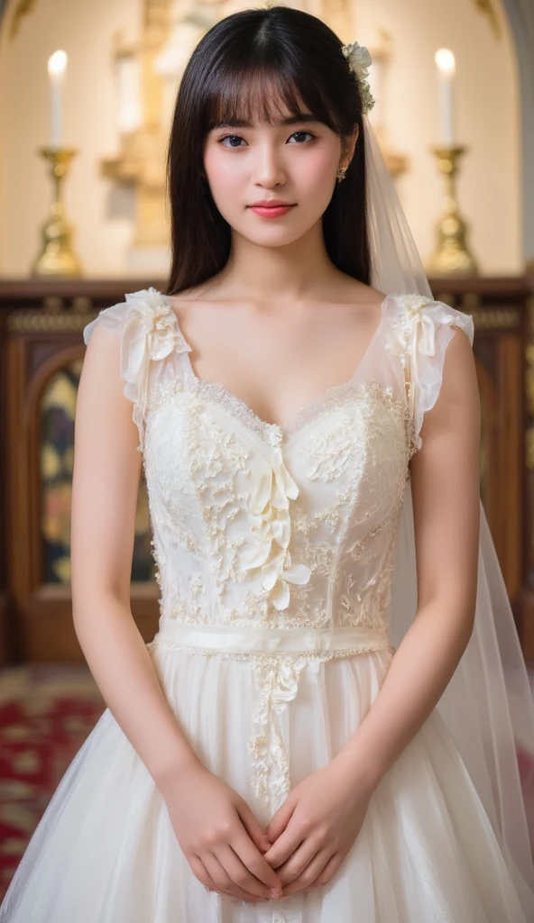 professional lighting, (realistic, masterpiece, high quality, 8K, high resolution:1.3), 1 girl, solo, extremely detailed CG, (illustration:0.6), BREAK, white lace wedding dress, marriage ceremony,