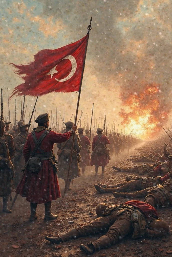 There are almost dying soldiers lying on the battleground. Their spilling blood gathers around together and get into the shape of a strong arm holding turkish flag