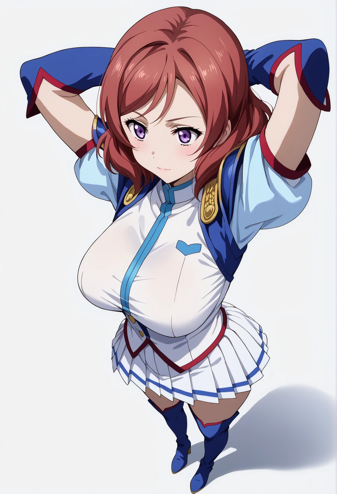 score_9, score_8_up, score_7_up, source_anime, 4K,perfect fingers,(perfect hands, perfect anatomy),prefect lighting, very aesthetic, intricate details,highly detailed background, masterpiece, high quality, best quality,
1girls,makinishikino, maki nishikino, short hair, purple eyes, red hair,((large breast)),
wearing ((Blue and white leotard、White pleated skirt with blue lines、Half puff sleeves with shoulder pads、White and blue long gloves、White and blue thigh-high stiletto boots, )) ,,
Standing, A sagging breast, ((White plain background:1.5)) , looking at the spectator, Full Body, ((arms behind head:1.5)), ((front look:1.5)), ((High Angle View:1.5)),