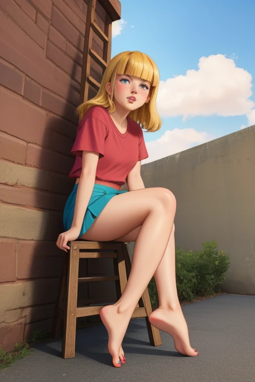 (AS-joven V2:1.3), (rubio, twin tails, blunt bangs, blue eyes), Red shirt, Skirt, Judas Smith, Eddie Shinjuku, separate your lips, a gentle look, [risa | they are crying], See your viewers, barefoot, (masterpiece) (of the highest quality) (detailed) (8k)  (complex), sitting on the stairs, from below, alley, fluorescence, evening, Dark, off camera lighting,