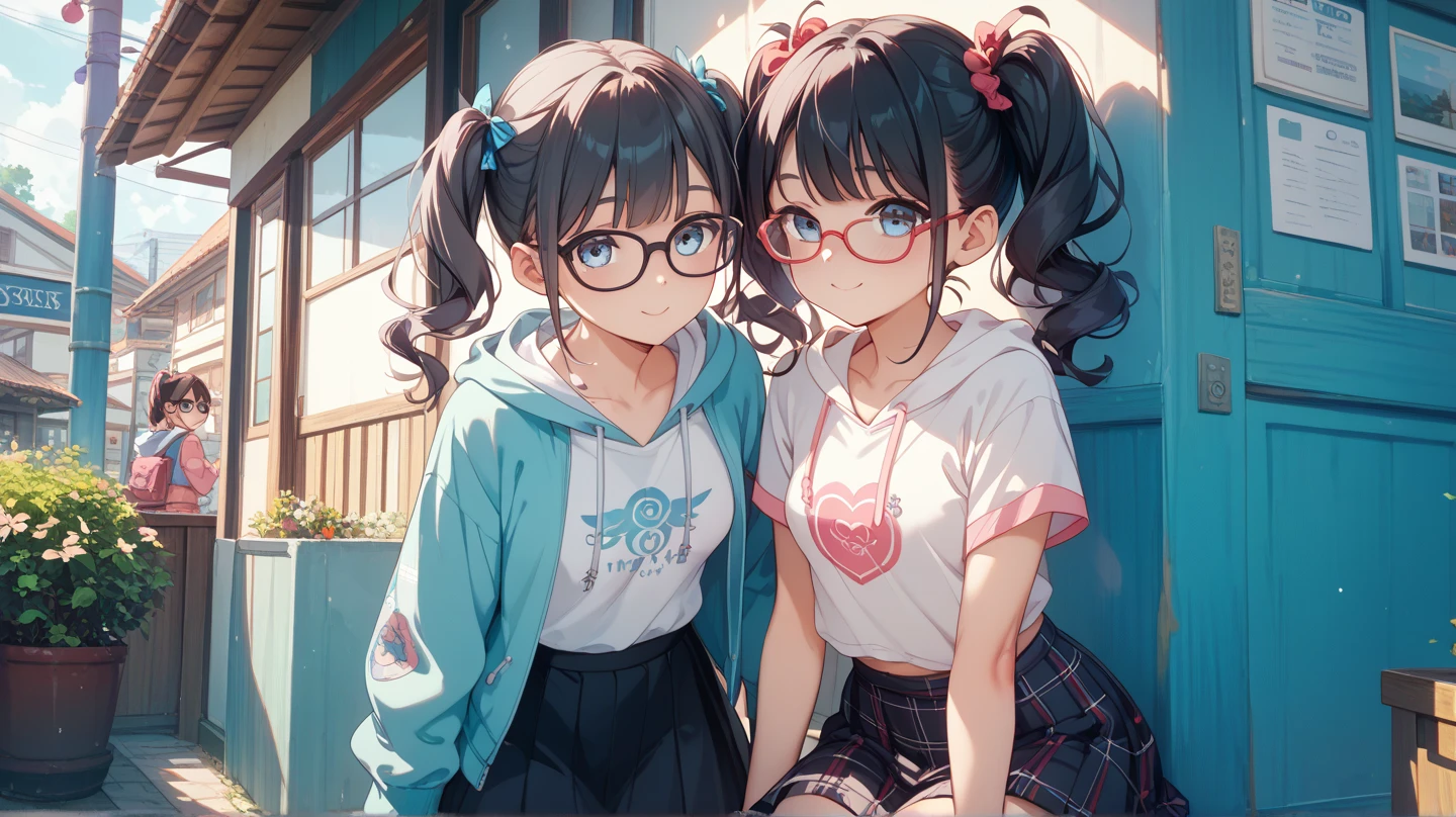 ultra-detailliert, Best Quality, High resolution, ((Two cute little girls with big faces and black hair.))、Pretty eyes、Detailed eye depiction、Eye sparkle、Sareme、Looking at Viewer, pale skin、(((Petite))), (nude)、(flat chest), (big glasses), (blush:1.2), (big eye:1.5), Shy smile, NSFW, on the park, Focus on the face, Long hair, ((The upper part of the body))、front view、sitting with open legs