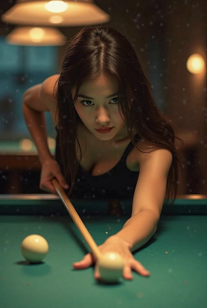 (photo realism 1.4)Indonesian actress. Beautiful girl, award-winning photo, very detailed face, focused, round eyes (woman with a cynical smile), 28 years old, black hair tied up, clean white skin, (((face close up))), sharp nose, position doing billiard ball puncture, ((wearing a white blazer, with a white undershirt that is slightly open, so that the chest is slightly visible, and short gray jeans))