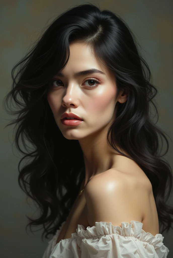Beautiful girl with wavy long black hair and extremely realy big big big tits