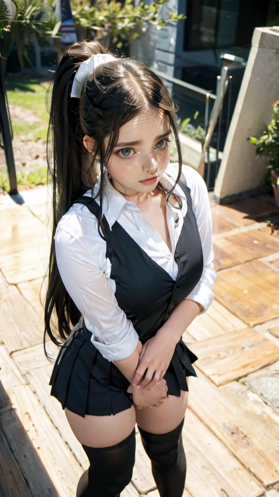 Girl, schoolgirl, black hair ponytail, room, window,