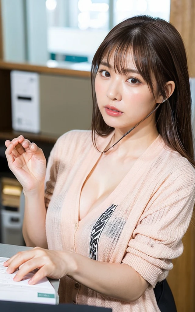 masterpiece, highest quality, 8k, 20th generation, Big Breasts, cute, alone, sad, cute, Girlish,cute 繊細な女の子, cute、Pure beauty, RAW Photos, Professional photography, Portraiture, Soft Light, Professional Lighting, Backlight, Upper Body, avert your eyes, Sophisticated, Film Grain, (Eye and facial details:1.0), Floating Hair, beautiful, Flowing hair, Asymmetrical bangs、(Big Breasts:1.4)、Loose white blouse、Grayish color cardigan、You can see a little bit of her chest、Micro Mini Skirt、Voluptuous thighs、dolly make、Heterochromia iridis、Office at night、In front of the computer、sitting in an office chair、