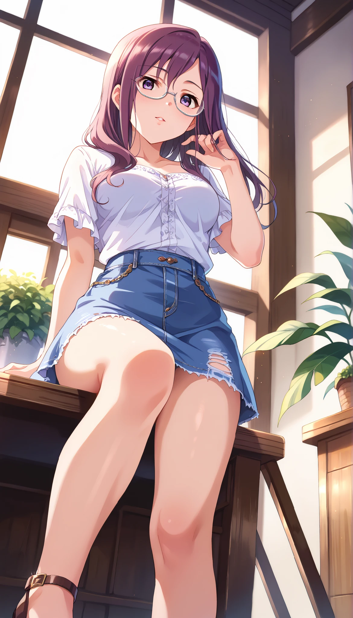 (((Yagami Makino))),light purple short sleeve blouse,denim below-the-knee skirt,Bare Chest,(((medium breasts))),(slightly long hair),((low angle)),purple hair,Ulchan-6500-v1.1, ( RAW photos :1.2), beautiful detailed, very detailedな目,beautiful eyes, beautiful eyes,file size is large, high resolution, very detailed, of the best quality, [masterpiece:1.6], Awareness-raising, very detailed, CG, finely, of the best quality, 8K wallpaper, perfect body shape,very detailed,glasses,smiles