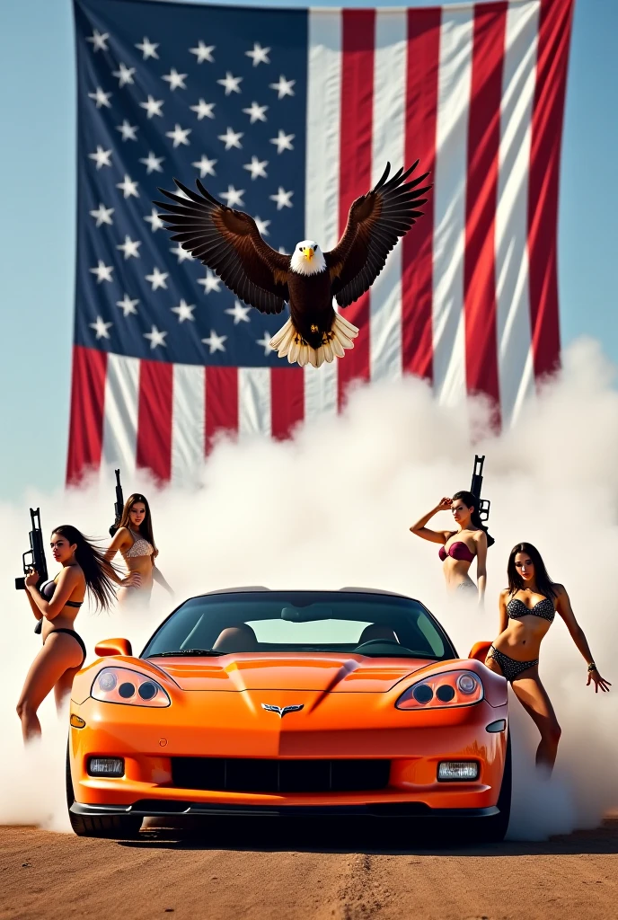 Sofia Vergara (age 25, American flag bikini), looking under the hood of a sleek sports car, glamour shot, low angle