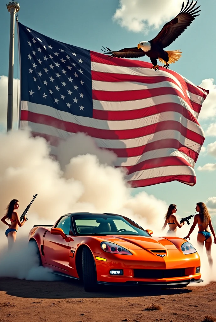Sofia Vergara (age 25, American flag bikini), looking under the hood of a sleek sports car, glamour shot, low angle