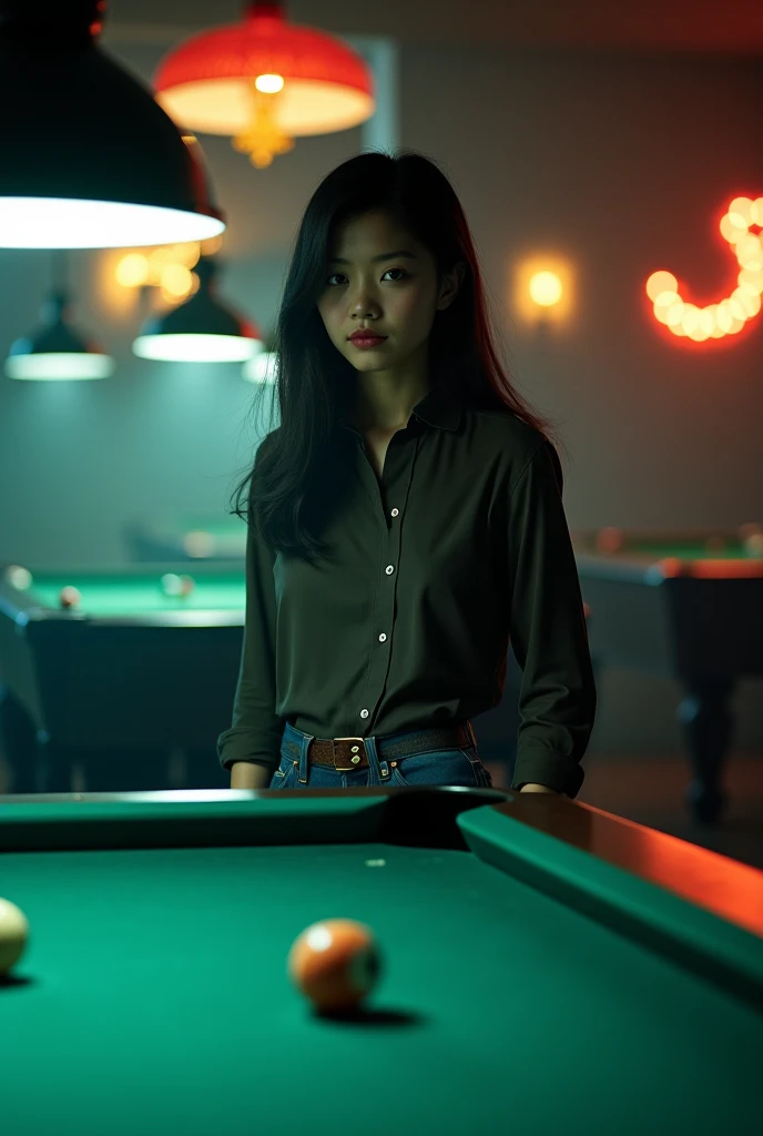 Women's Billiards，18-year-old Korean beauty，Fair skin，Charming，beauty，（Korean plastic surgery face）Focus，Bright Lights，Finals Background，Professional Arena，The generated photos are all of the same person