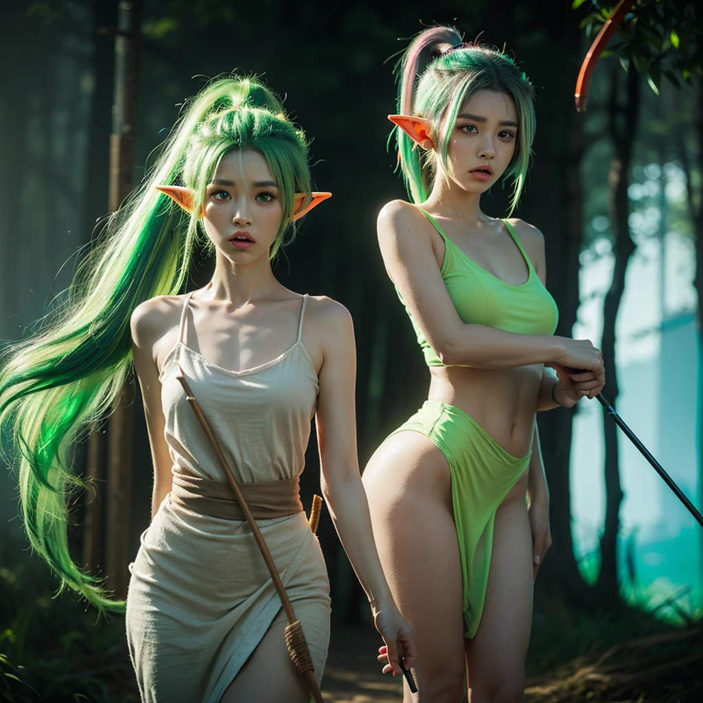 Graceful elven girl standing in meadow, Delicate face illuminated by the soft light of the setting sun. Her long, Flowing hair runs down your back, Decorated with intricate braids、Adorned with sparkling gemstones. This great photo 、、、It captures the ethereal beauty of elves. Slender figure in silk dress、Swaying in the soft steppe breeze. Attention to detail、Face that ace that ace that ace that 、It  evident in the intricate patterns of the dress and the subtle highlights of the luminescence. skin. The breathtaking portrayal of the elven girl 、、、、、Create an enchanting atmosphere、It invites the viewer to a magical world. emerald green hair color and eye, best quality, ultra high res, (photorealistic:1.4), (detailed beautiful girl:1.4), looking_at_viewer, Detailed facial details, beautiful detailed eyes, slender body, haunting smile, (makeup:0.3), (ulzzang-6500-v1.1:0.3),teat，A slight smil，???? and feminine，Bed room, thin pubic hair, stick out the pubic area, open the ??????,small ???????, 1girl, 16 years old, ((dynamic pose))), (?????????), (knee-bending leg sitting)),???? ???? model,(group picture, multiple_girls, cute Japanese girls with perfect body, 6+girls),