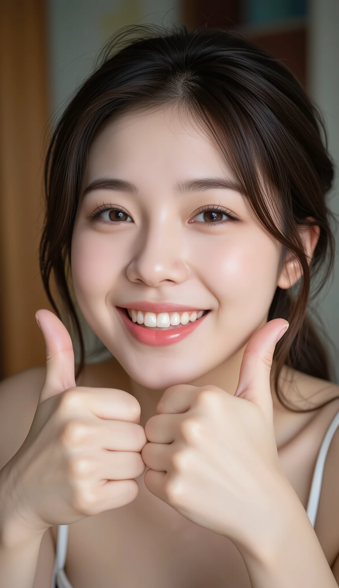 20 years old girl thumbs up with sweet smile, masterpiece:1.2, detailed face:1.2, detailed hands:1.5, detailed fingers:1.5, 8K photo,