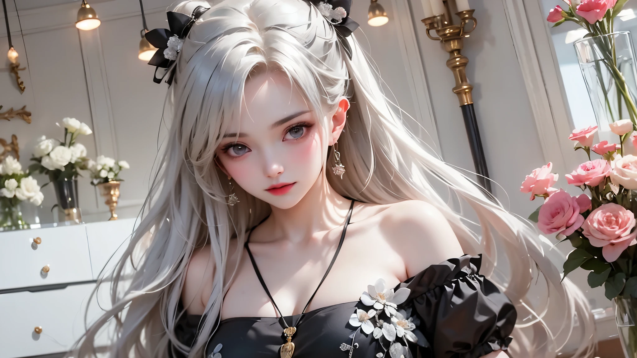 Black and White Color Schemes , Sexy Girl Working At A Flower Shop ,beautiful , small,Silvery Curly Hair、portrait、Upper body above lower back、valley