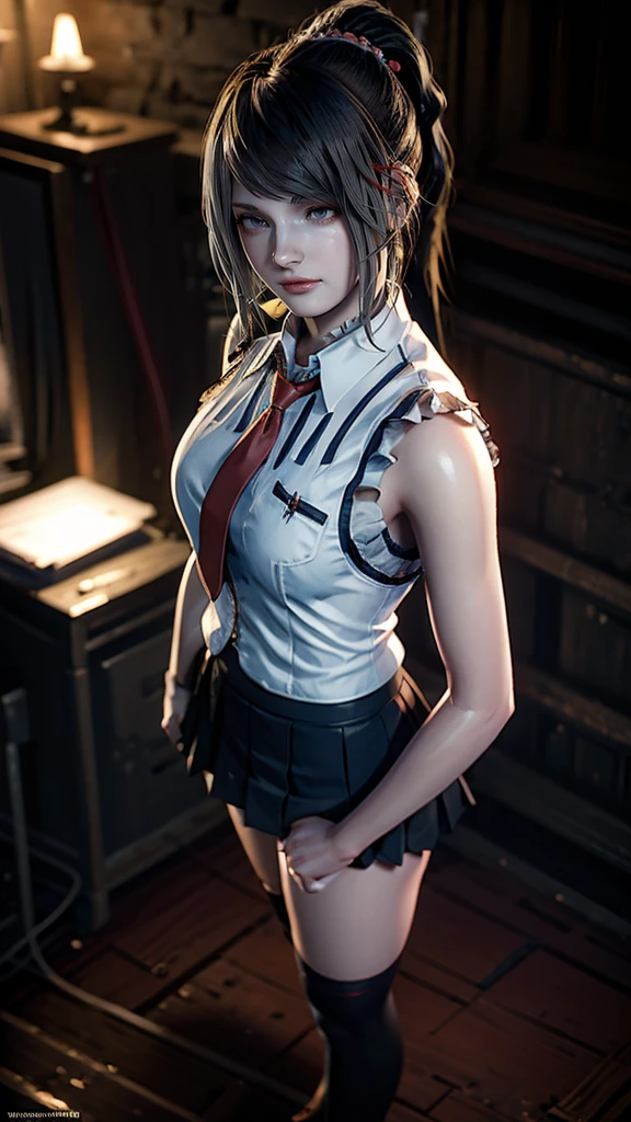 (Best quality, 8k, 32k, Masterpiece, UHD:1.2), 1girl, beautiy Japanese woman, narrow waist, (jk school uniform:1.8), desk, detailed face, ponytail hair,(seen nipple head on the suits:1.0),(small beautiful hard nipple:1.0),(no bra:2.0),(blonde hair:1.3),necklace,abs