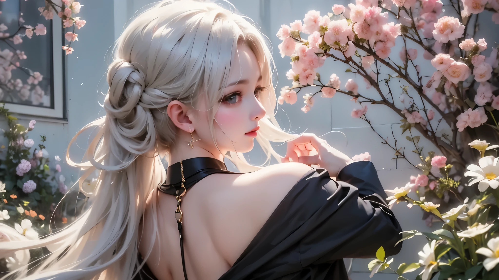 Black and White Color Schemes , Sexy Girl Working At A Flower Shop ,beautiful , small,Silvery Curly Hair、portrait、Upper body above lower back、valley