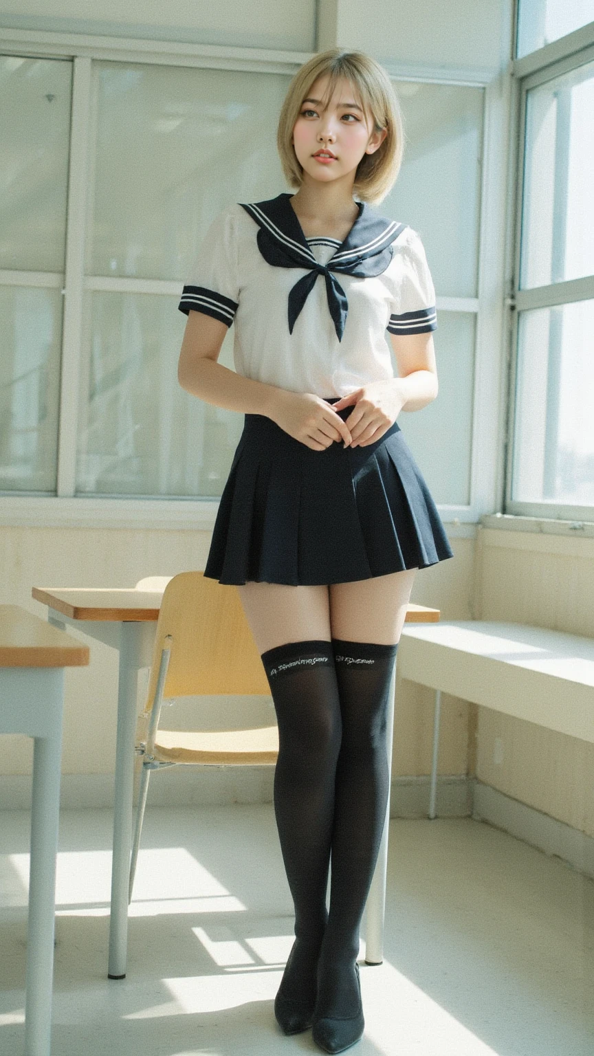 1girl, Cute, Black-haired, , Smile, Looks pure, sailor suit, Photography, Realistic, Best Quality, Detailed face, Full body, slender, Slender legs, Long legs, Wearing thigh-high socks, shoes on, School, classroom