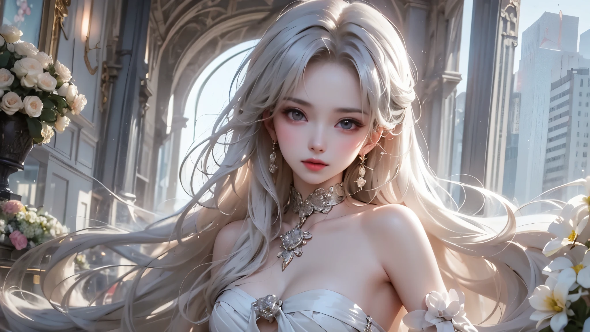  Black and White Color Schemes ， Sexy Girl Working At A Flower Shop ，beautiful ， small,Silvery Curly Hair、portrait、Upper body above lower back、valley
