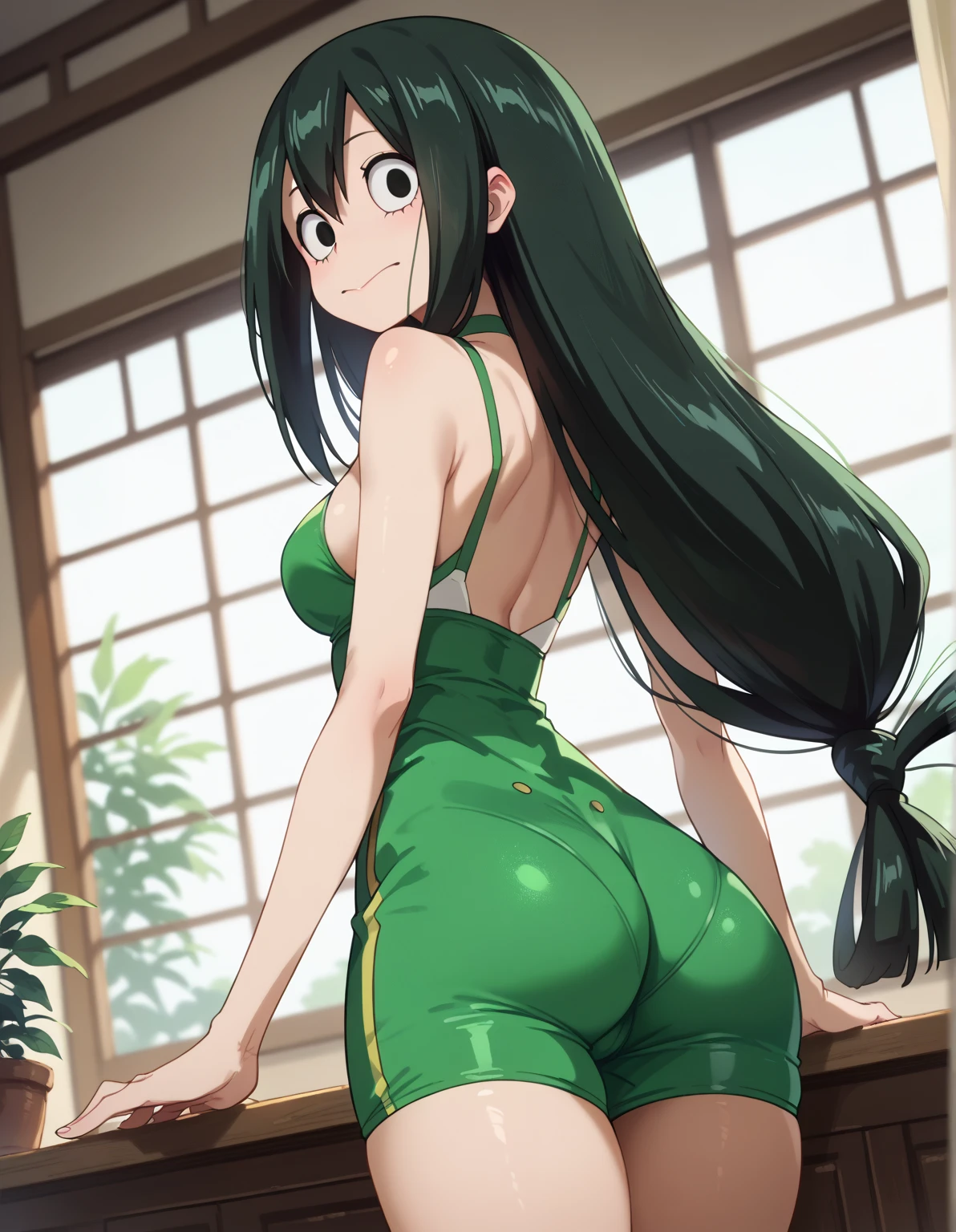 Code Geass art style, C.C, 1girl, (((bimbo))), long green hair, yellow eyes, ear rings, puffy lips, painted lips, thick lips, wide hips, thick thighs, small round breast, huge ass, revealing cleavage, erotic, sexy face, bubble butt, Brazilian butt lift, tight hot pants, sports bra, looking back, legs, sport, jogging, ass in motion,