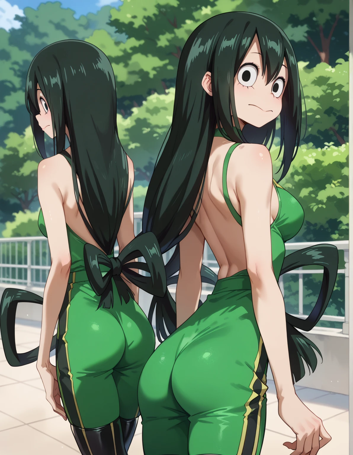 (((highly detailed))), (((high quality))), (((masterpiece))), (((beautiful))), (((full shot, back side view))), emily, (((by drogod))), athletic female, 5 fingers, 5 toes, big butt, large ass, white body, totally white skin, pale skin, emerald green nails, emerald green eyes, emerald green lipstick, eyelashes, eyeliner, black hair, black eyebrowns, thin eyebrowns, very long hair, ass length hair, Ironed hair, hair on the forehead, bubble ass, busty, butt, emerald green highleg one pice swimsuit with gold strip, cleavage, feet detail, fingers, humanoid feet, humanoid hands, horny face, in love to the viewer, large bum, looking at viewer, nails, partially visible vulva, protective mother countenance, pose, (((standing))), sensual eye, bedroom eyes, sensual body, smile, soles, soft soles, arched soles, tiptoes, feet blush, sole blush, solo, sheap space, lying up, feet up, thick thighs, thighs together, toes, (((voluptuous))), large thigs, (((high thighs))), (((high hips))), wide hips, curvy figure, curvaceous, absurd res, hi res, signature, in a spaceship next to a large window space
