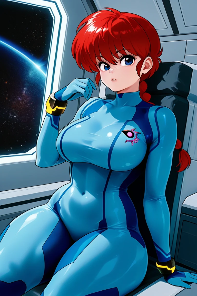 masterpiece, high quality, extremely detailed, 1girl, mature female, solo, Yoko Littner, large breasts, hair between eyes, hair ornament, high ponytail, (large breasts:1.2), long hair, red hair, sidelocks, skull hair ornament, (yellow eyes:1.5), zero suit, blue gloves, high heels, light smile, standing, holding a blaster, outer space, space environment