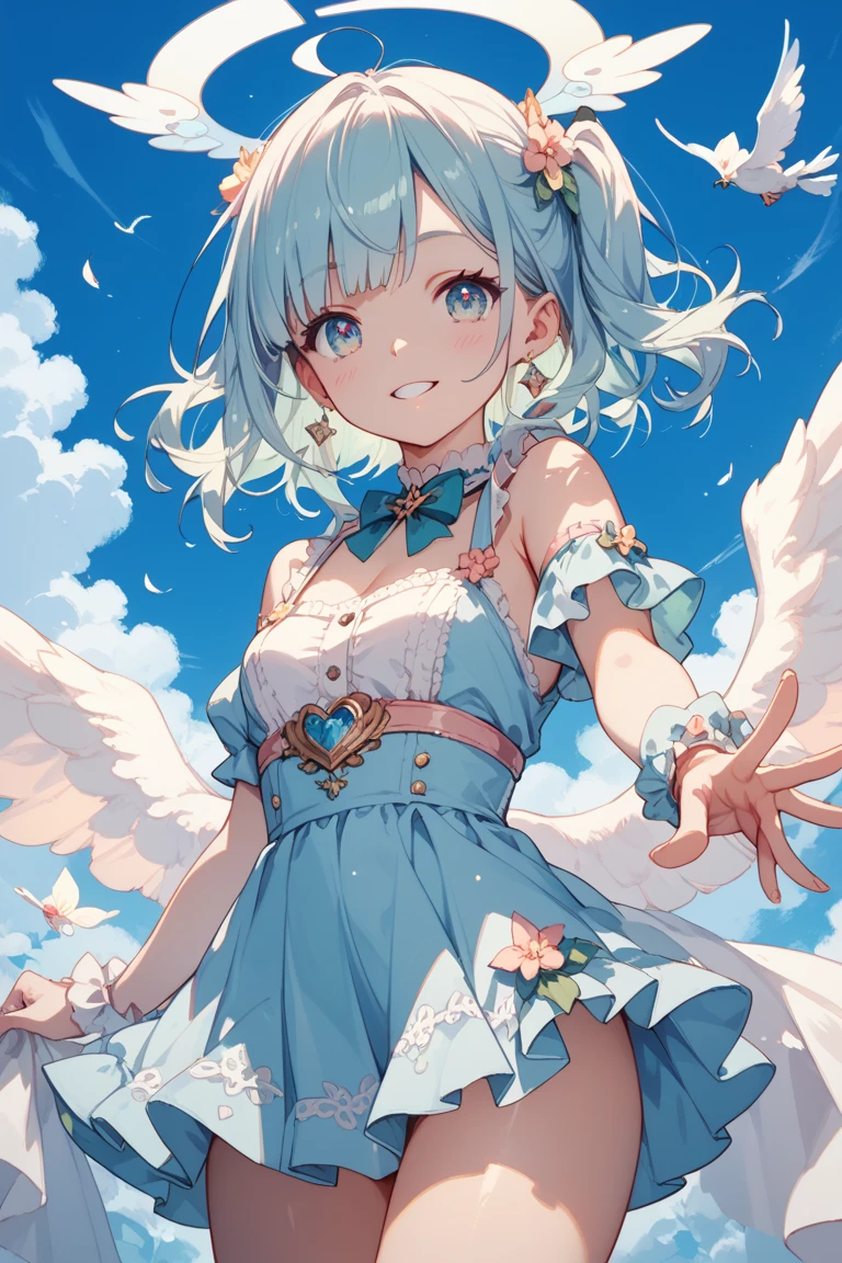 (angel girl:1.2), (1 person:1.2),(10 year old girl)、young girl、big breasts、 nffsw、shader、highly detailed eyes、big breasts、loose and fluffy long hair,、underboob、Glossy cleavage、light blue hair、angel wings、silky hair、Angel attire(pink sheer dress、Plain color、mini skirt、Plain colorのシルク手袋)、very complex eye pupil、highest quality、bright colors、Bust 100、rests、Standing picture of the game、Stirring composition、Composition looking up from below、Lift your with your hands、Pose that emphasizes the chest、fold your arms、grinning expression、eyes half closed、open your mouth、stinky eyes、evil face、Bullish smile、fold your hands behind your back、Hide your hands、evil smile、whole body、god々New