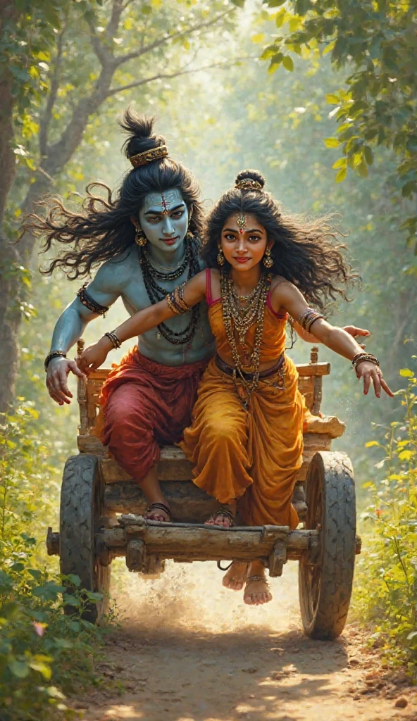 Old lord shiva sitting on a tractor and lady in blue saree is falling down
