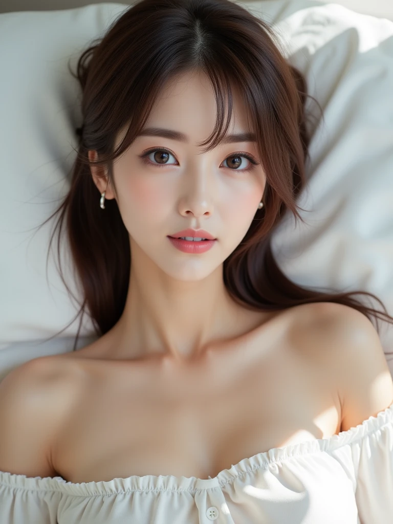 NSFW,((Best Quality, 8k, Masterpiece:1.3))),1 girls, selfie:1.3, (Layer Cut, Big breasts:1.3),Beautiful Woman with Perfect Figure: 1.4, Slender Abs:1.2, Highly Detailed Face and Skin Texture, Detailed Eyes, Double Eyelids, long Hair, bukkake, nice legs, sit down, superlative, masterpiece, seduction sitting on bed, full body super close-up shot, SFW cover SFW, very big breasts, very big buttocks, thick thighs, nipple, areola, blue black loose long straight hair ribbon,hair ties, slightly open mouth, big eyes, glossy, very pretty face, slender waist, very big breasts, abnormally large breasts, nsffw