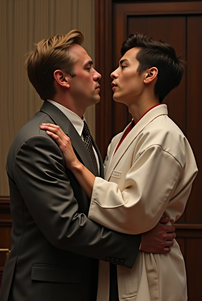 Real photo style、Realistic、Cute handsome Japanese man2People hugging each other naked、Full nudity、、Old Japanese men in suits standing behind him