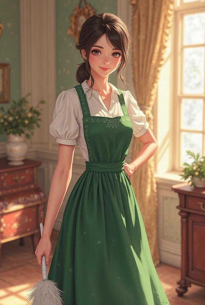 front view, (looking at the viewer), (cinematic, best quality, UHD), ((oil painting)), ((official art)), 1girl, (brown eyes), (big eyes), (forehead), (dark brown), medium-short hair, loose lock, loose bangs, smiling, teeth, is excited, air of joy, ((white apron, delicate light green dress)), small breasts, upper body, profile, inside the house, medieval fantasy, detailed face,  extremely detailed eyes