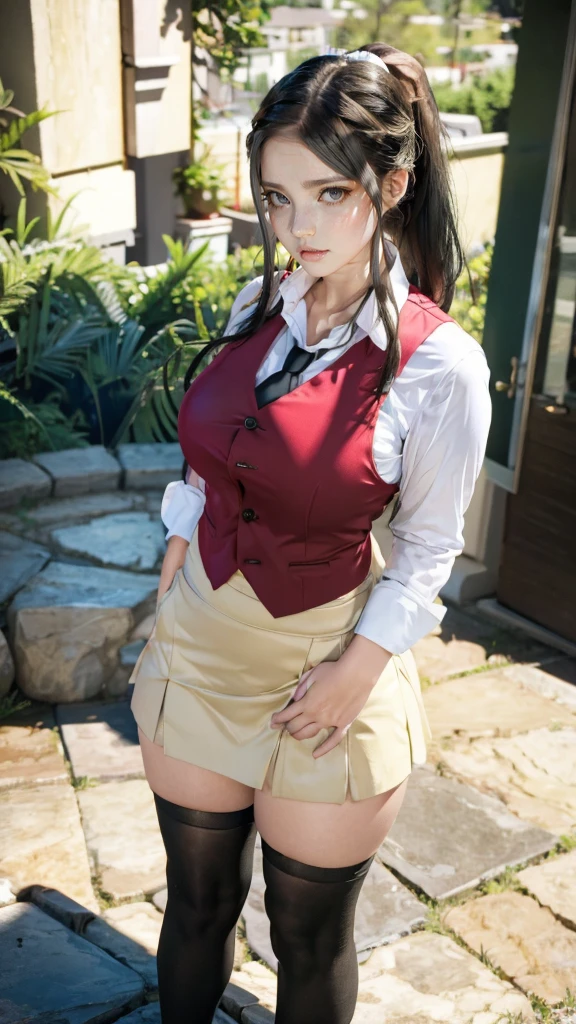 Lucy Pinder, ((VERY INTENSE MAKEUP)), lace, sexy woman, ((Chubby Woman)), brown hair, ponytail, braid in hair, white blouse, red tie, Japanese school uniform, green skirt, white gloves , sailor moon character, smiling, Adele.
